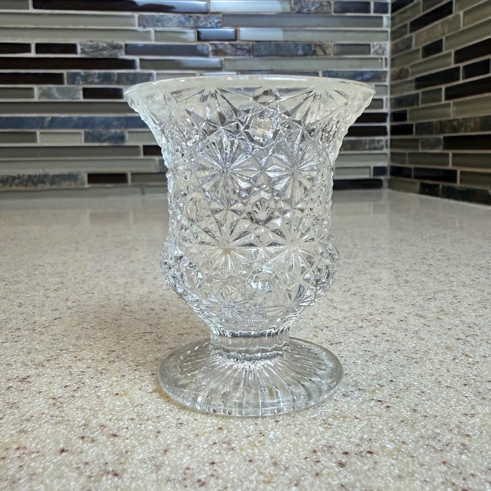 VTG Clear Pressed Glass Pedestal Toothpick Holder Starburst Pattern 2.5" Votive‎